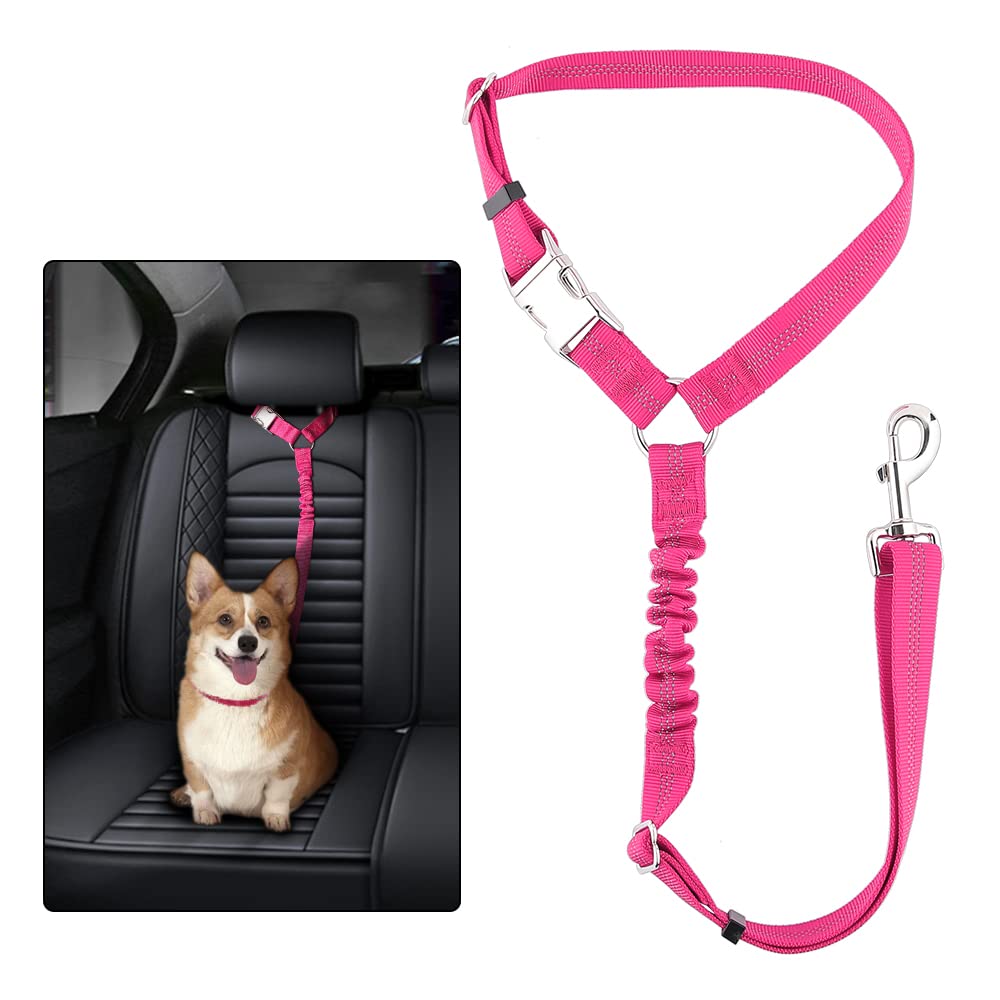 HeadRest car belt mounted on headrest showing bungee buffer and 360-degree swivel clip