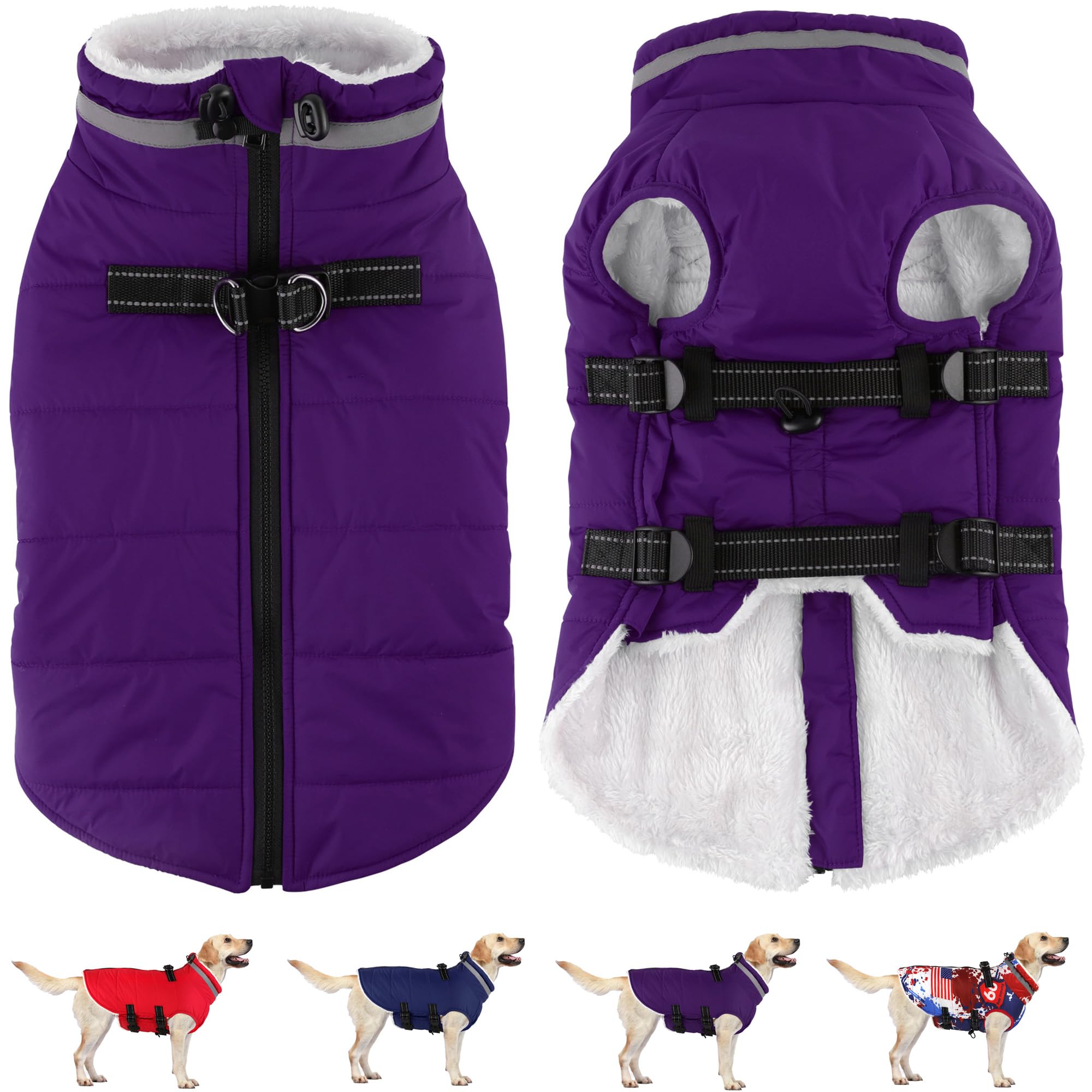 StormReef 2-in-1 winter coat and harness waterproof fleece dog snow jacket in purple small
