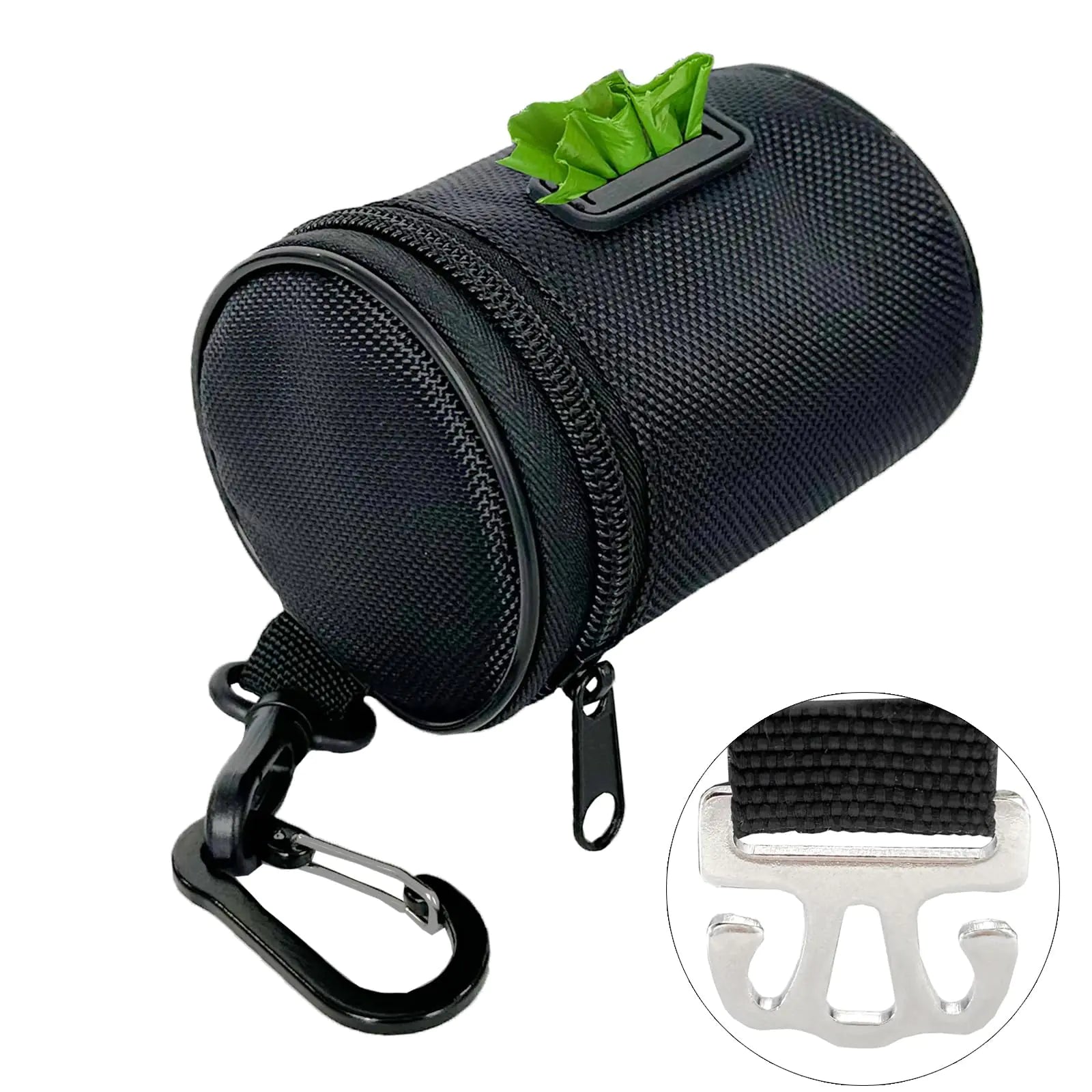 WastePouch showing carabiner clip attachment and centre pull bag opening