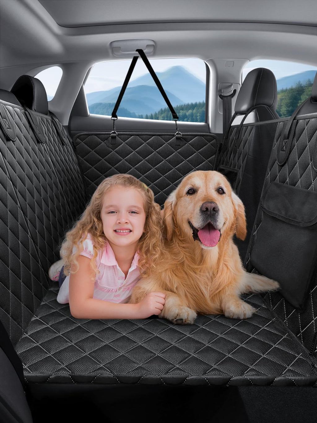 BaseReef car hammock installed in SUV back seat showing storage pockets and mesh window