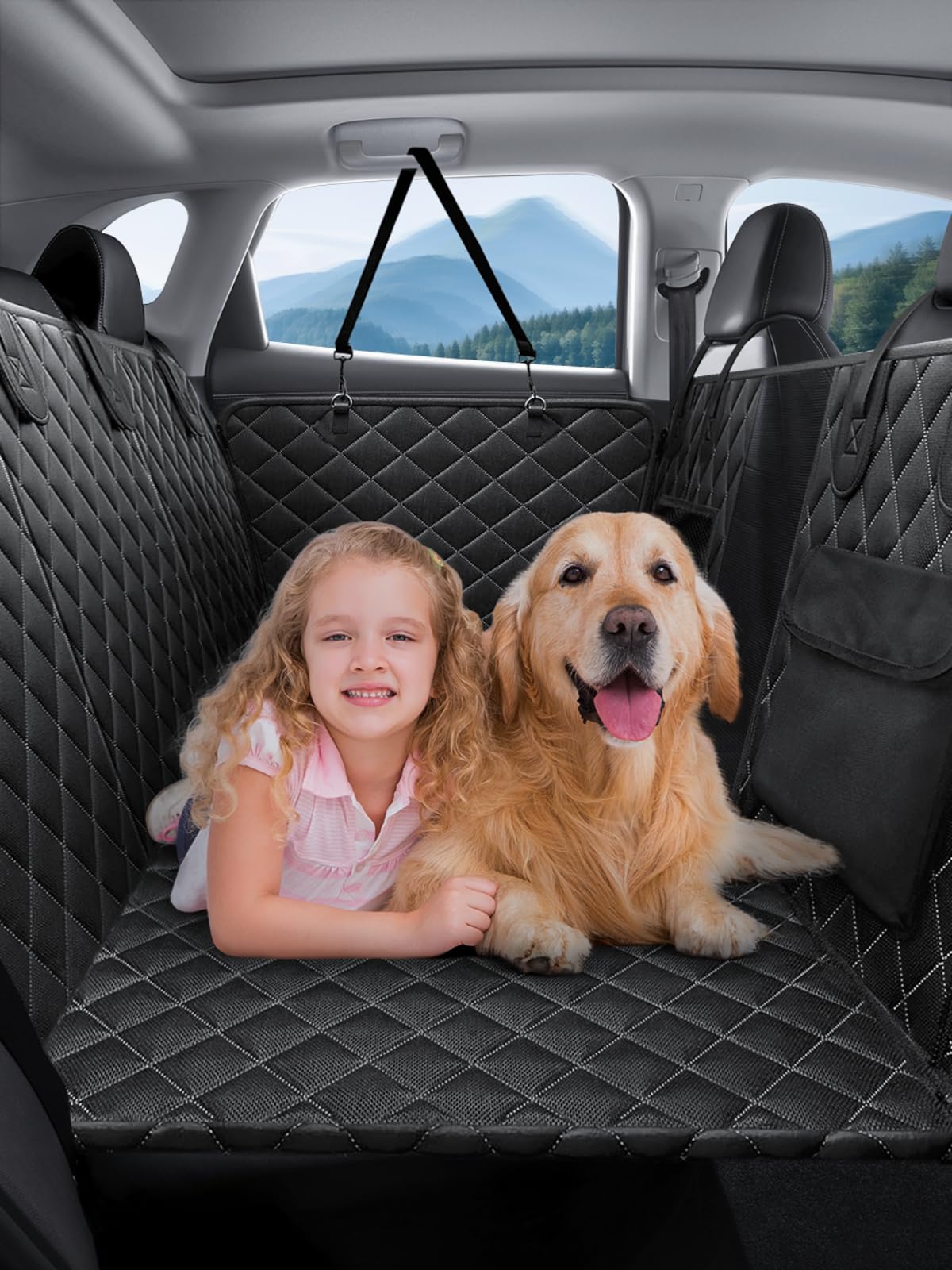 BaseReef car hammock installed in SUV back seat showing storage pockets and mesh window