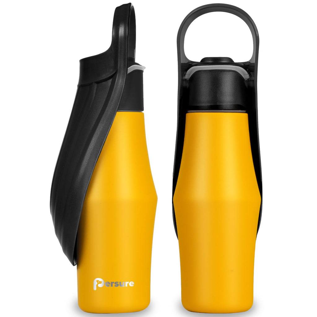HydroReef stainless dog water bottle 800ml portable travel dispenser with bowl in yellow