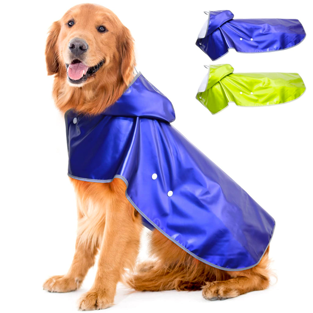 StormShield hooded raincoat on dog in rain showing reflective strips and hood fit