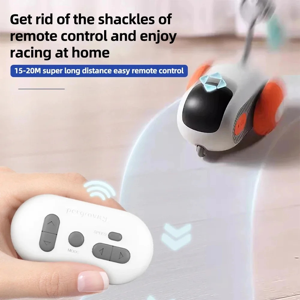 Black Reef Chase Car showing remote control and cat chasing the moving toy
