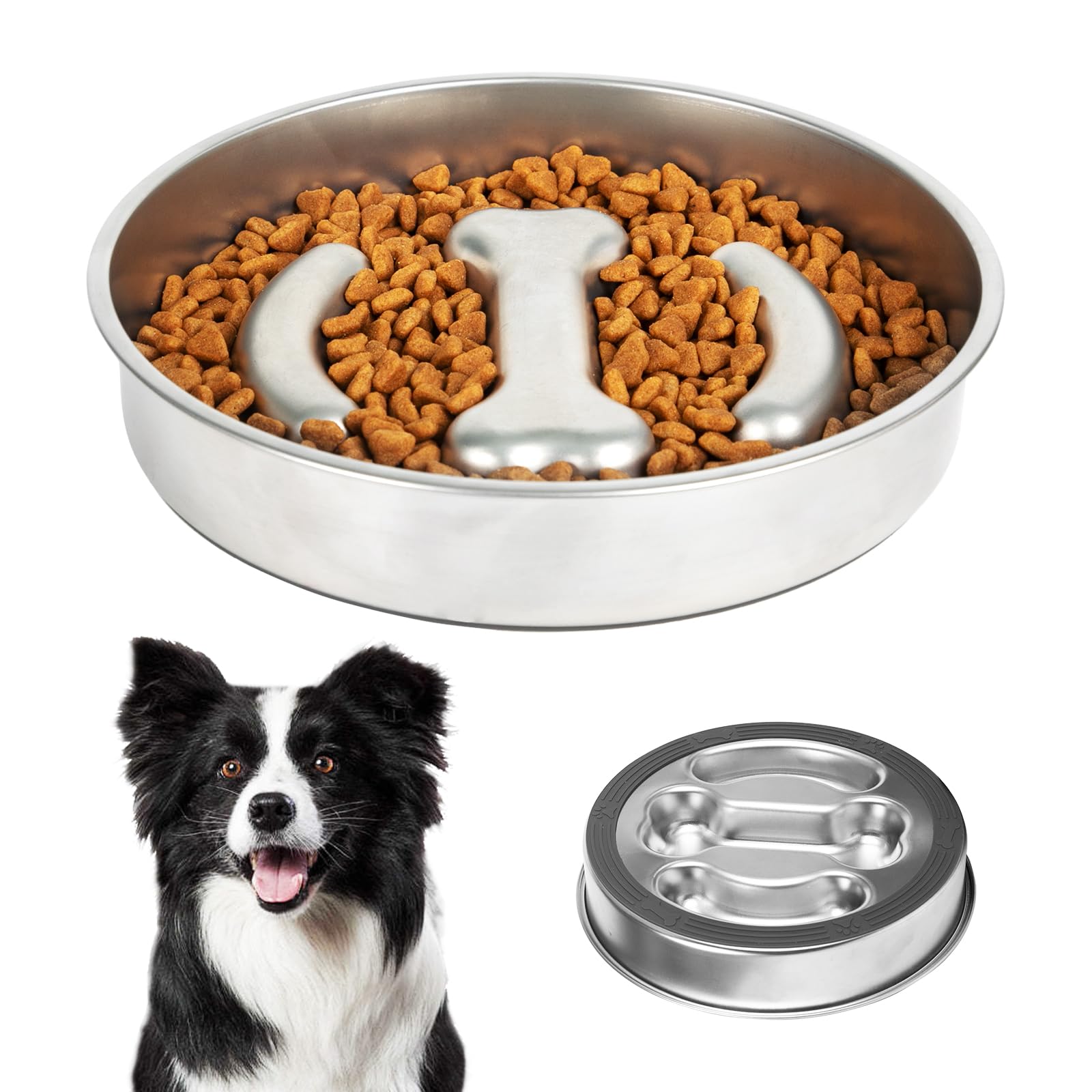 SlowBowl stainless steel anti-gulp feeder with non-slip mat in silver