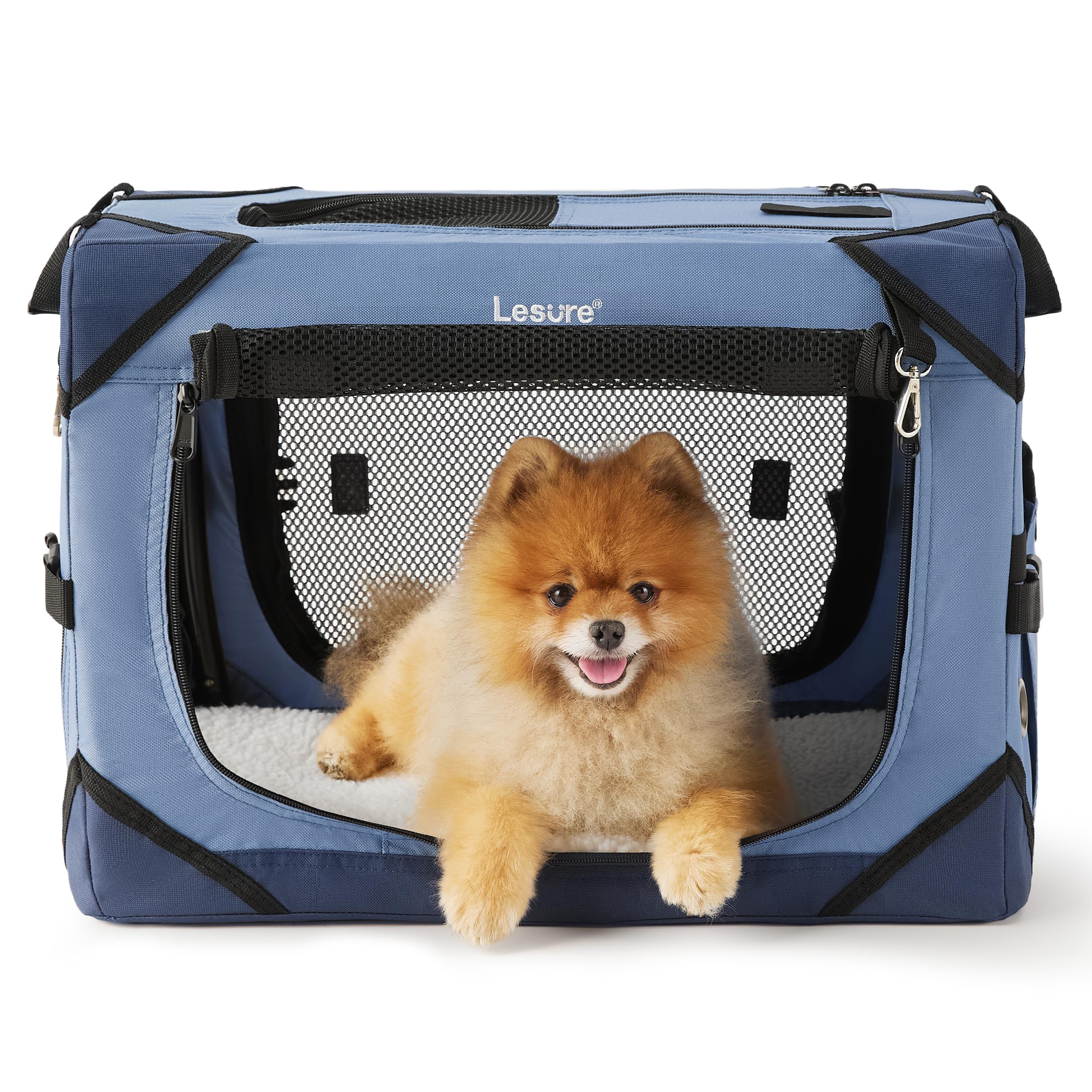 CampBase travel crate fully open showing 4-door access and ventilation mesh panels