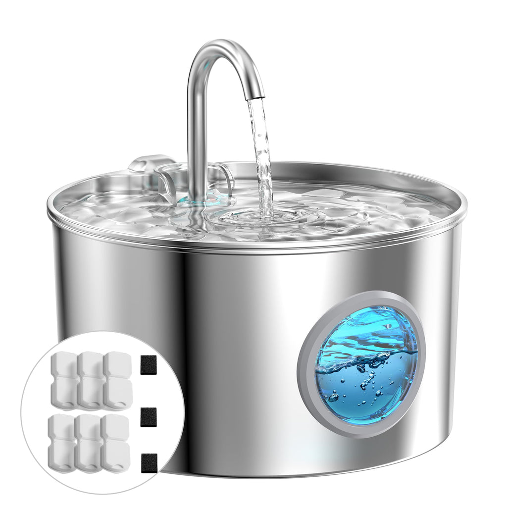 Black Reef Aqua Flow 2.2L fountain disassembled showing triple-layer filter system